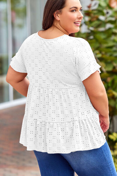 swvws Plus Size Eyelet Round Neck Short Sleeve Blouse