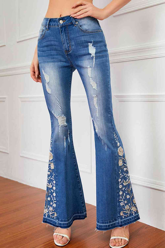 swvws Full Size Flower Embroidery Distressed Jeans