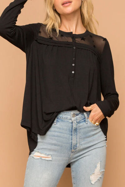 swvws Half Button Long Sleeve Blouse