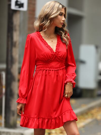 swvws Ruffle Trim V-Neck Flounce Sleeve Dress