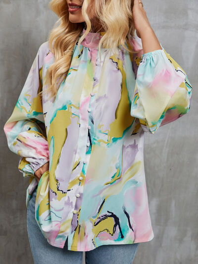 swvws Printed Mock Neck Balloon Sleeve Shirt