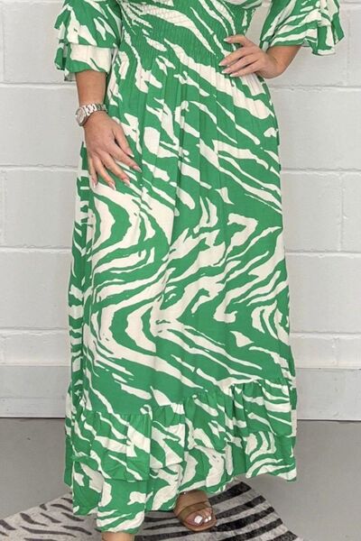 swvws Smocked Printed Flounce Sleeve Maxi Dress