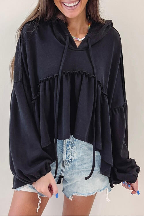 swvws Drawstring High-Low Balloon Sleeve Hoodie