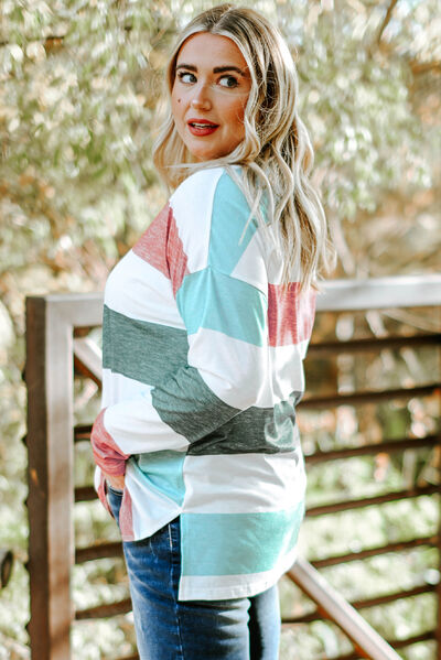 swvws Plus Size Striped Slit Long Sleeve T-Shirt