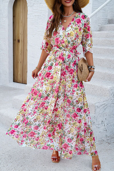 swvws Printed Tied Half Sleeve Slit Dress