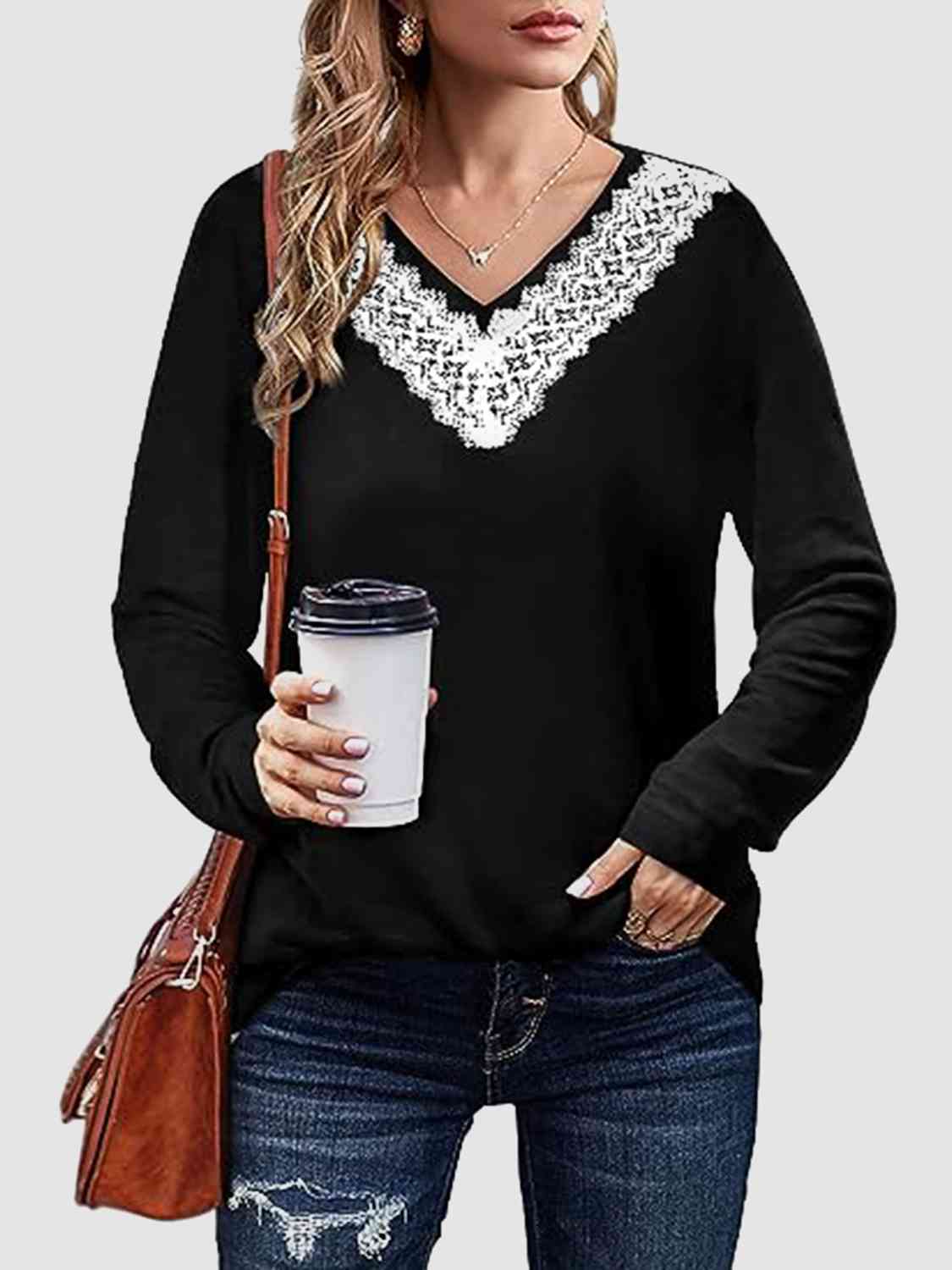 swvws Lace Detail V-Neck Long Sleeve Top