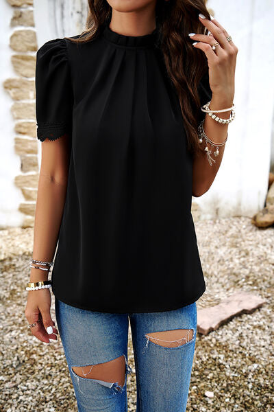 swvws Ruched Mock Neck Short Sleeve Blouse