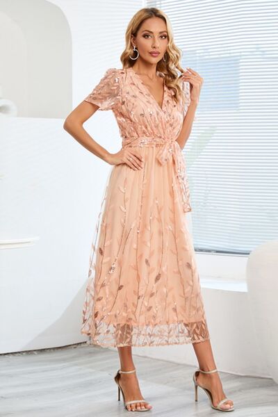 swvws Sequin Leaf Embroidery Tie Front Short Sleeve Dress