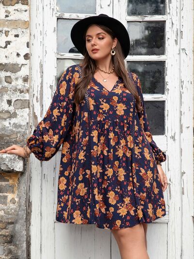 swvws Plus Size Floral V-Neck Balloon Sleeve Dress