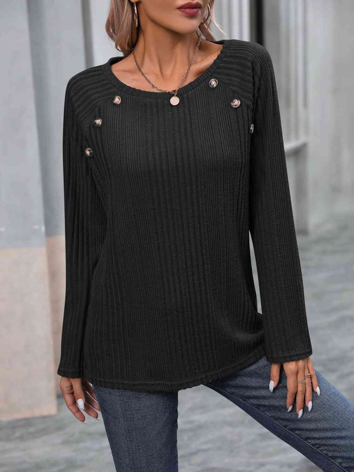 swvws Ribbed Buttoned Round Neck Long Sleeve T-Shirt