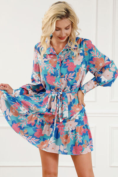 swvws Floral Tie Waist Lantern Sleeve Ruffled Hem Mini Dress