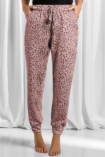 swvws Full Size Leopard Drawstring Pocketed Pants