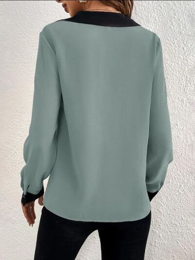 swvws Contrast Trim V-Neck Long Sleeve Blouse