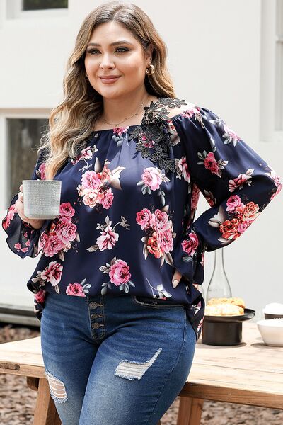 swvws Plus Size Floral Flounce Sleeve Blouse