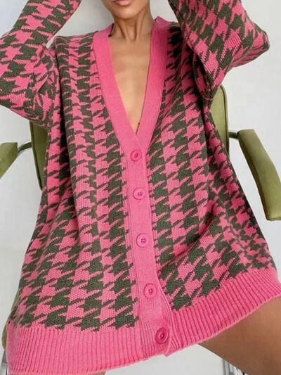 swvws Houndstooth Button Up Long Sleeve Cardigan