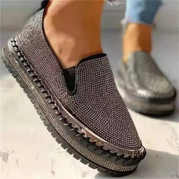 swvws - Silver Casual Patchwork Rhinestone Round Comfortable Out Door Flats Shoes