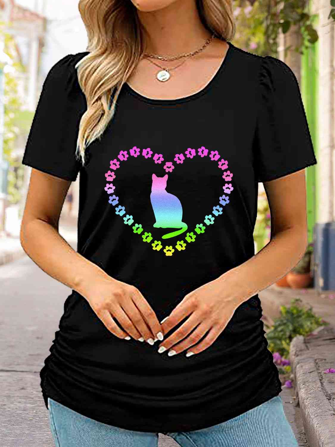 swvws Full Size Cat Heart Graphic Short Sleeve T-Shirt