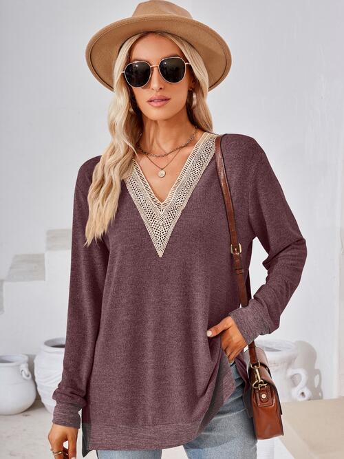 swvws Crochet Contrast V-Neck Long Sleeve Slit T-Shirt