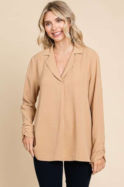 swvws Culture Code Full Size Lapel Collar Ruched Long Sleeve Blouse