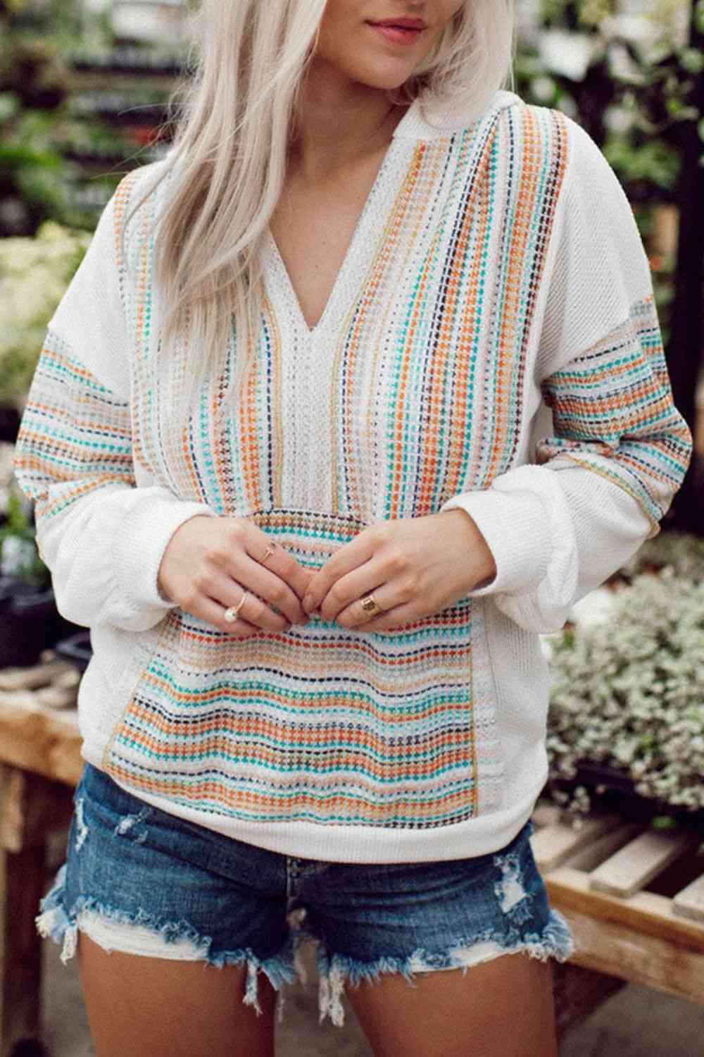 swvws Multicolor Striped Patchwork V Neck Drop Shoulder Knit Hoodie