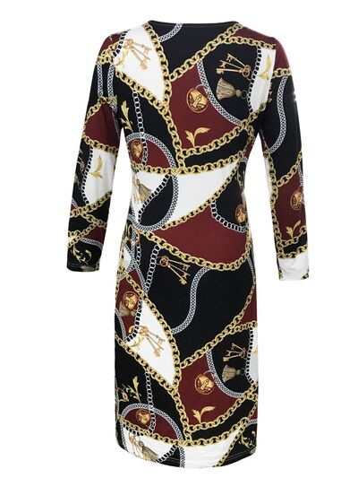 swvws Printed Round Neck Long Sleeve Midi Dress