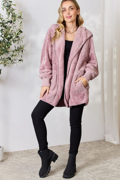 swvws H&T Faux Fur Open Front Hooded Jacket