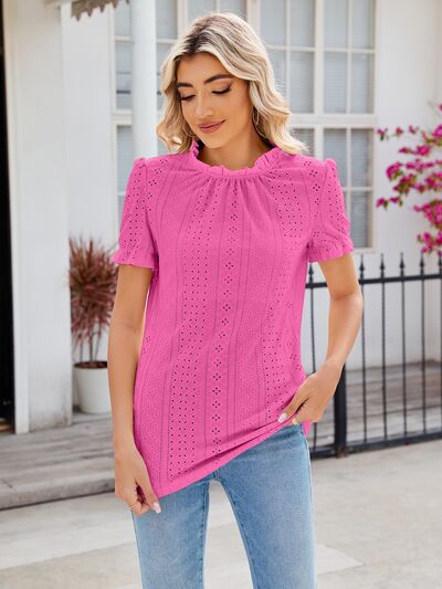 swvws Eyelet Frill Mock Neck Flounce Sleeve Blouse