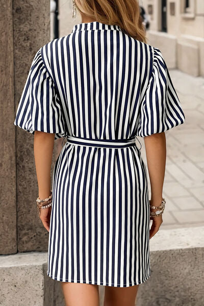 swvws Striped Button Up Tie Waist Mini Dress