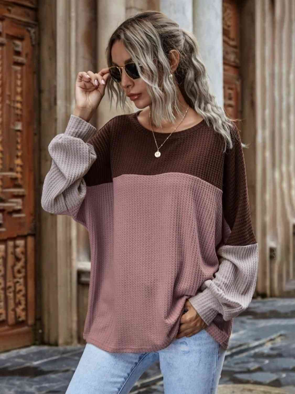 swvws Color Block Waffle-Knit Long Sleeve Top