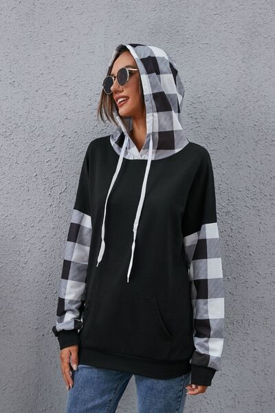 swvws Plaid Drawstring Dropped Shoulder Hoodie