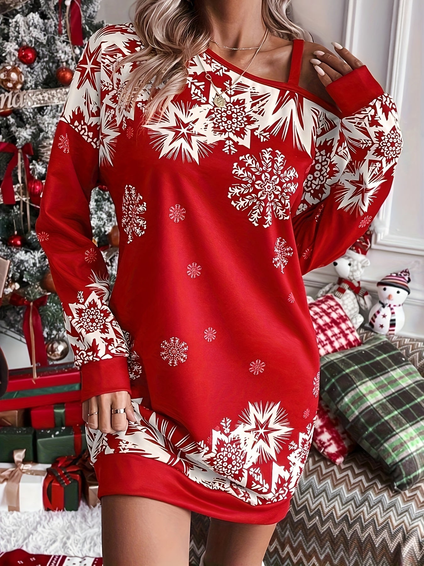 Festive Off-the-Shoulder Snowflake Dress - Women's Casual Polyester Knit One-Shoulder Sleeve Dress for Spring/Fall, Holiday Party, Festive Occasions - Easy to Wear, Comfortable, Relaxed Fit