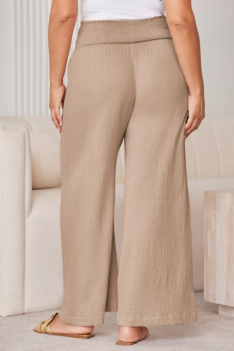 swvws Plus Size Smocked Waist Wide Leg Pants