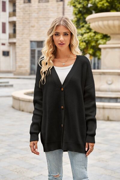 swvws Ribbed Button Up Dropped Shoulder Cardigan