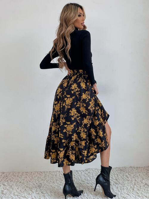 swvws Printed Ruffle Hem Midi Skirt