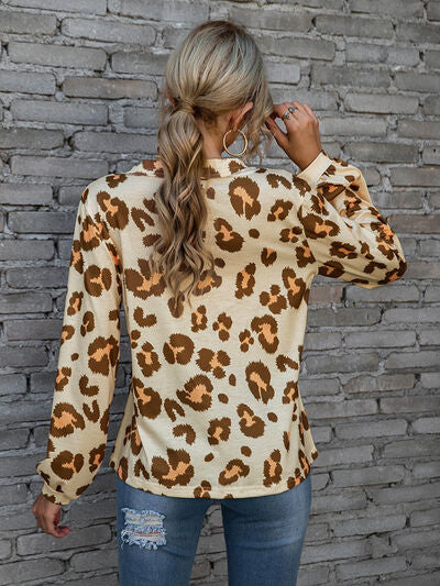 swvws Leopard V-Neck Decorative Button Long Sleeve Blouse