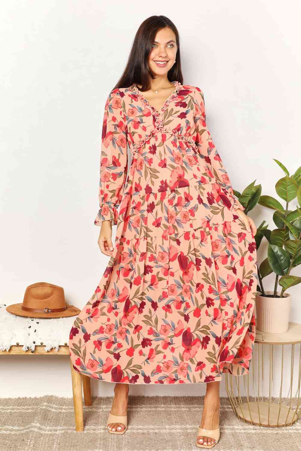 swvws Double Take Floral Frill Trim Flounce Sleeve Plunge Maxi Dress