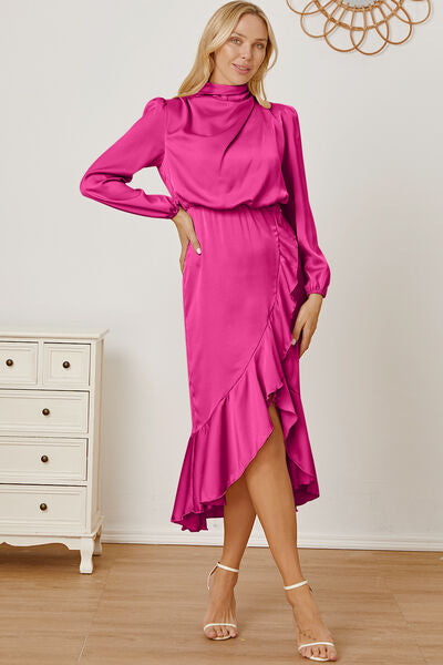 swvws Mock Neck Ruffled Asymmetrical Dress