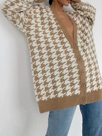 swvws Houndstooth Button Up Long Sleeve Cardigan