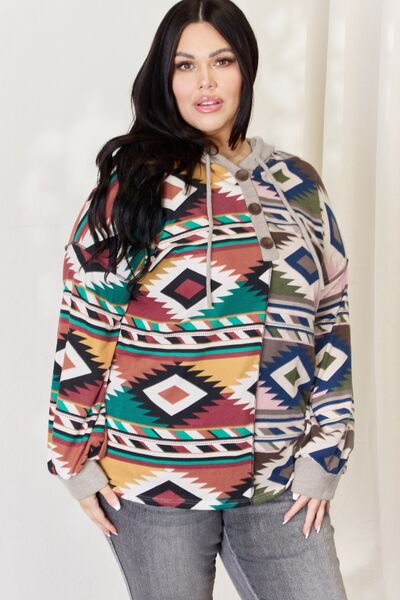 swvws Celeste Full Size Geometric Exposed Seam Drawstring Hoodie