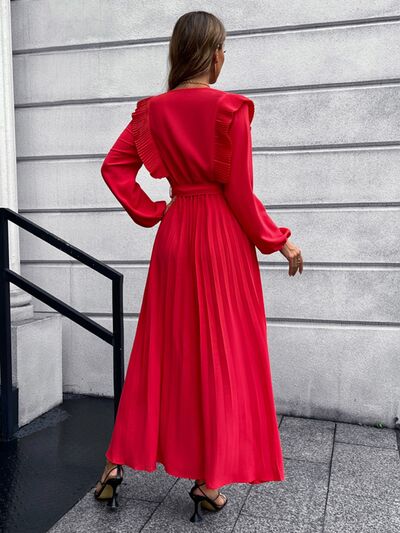 swvws Pleated Surplice Tie Waist Maxi Dress