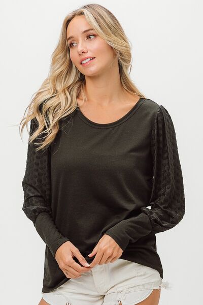 swvws BiBi Round Neck Polka Dot Lantern Sleeve Top