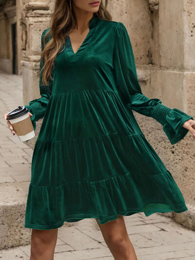 swvws Notched Long Sleeve Tiered Dress