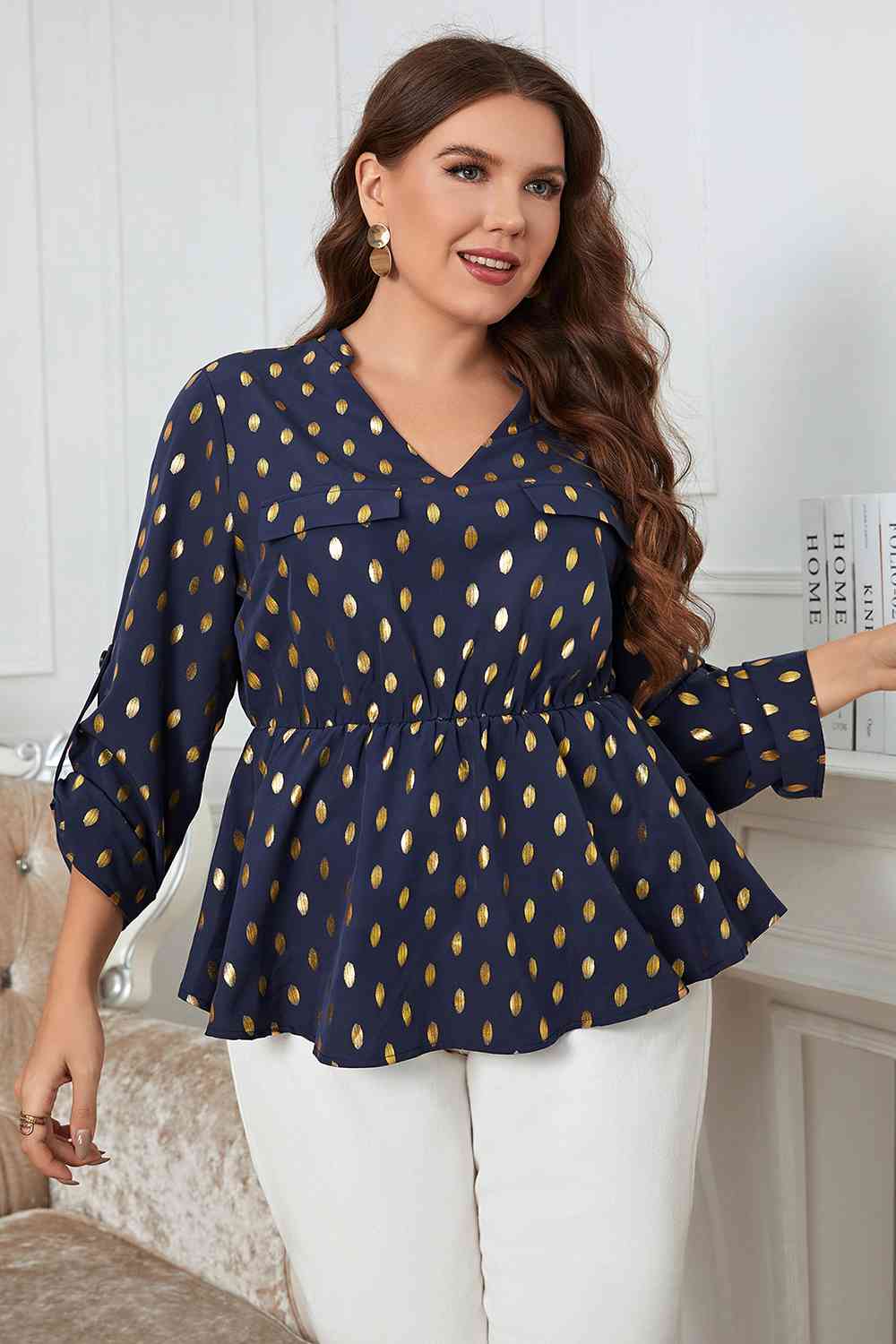 swvws Plus Size Notched Babydoll Blouse