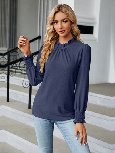 swvws Frill Mock Neck Lantern Sleeve Blouse