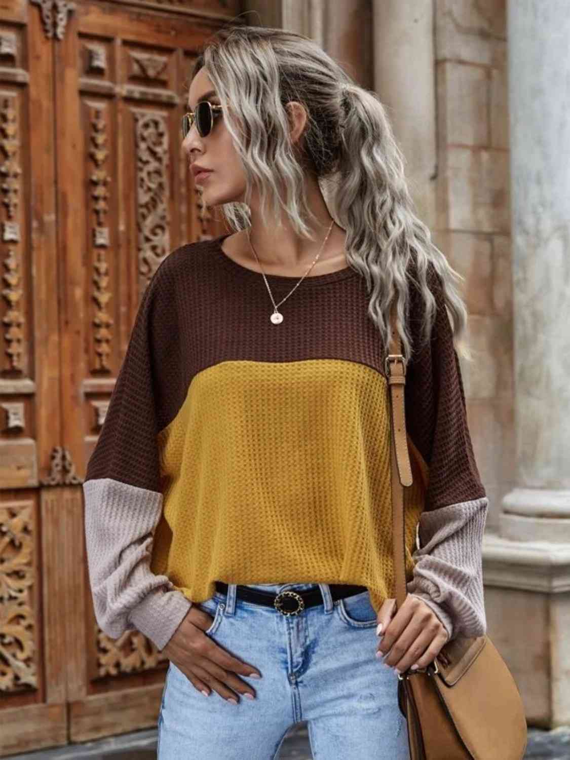 swvws Color Block Waffle-Knit Long Sleeve Top