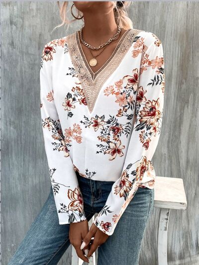 swvws Printed V-Neck Long Sleeve Blouse