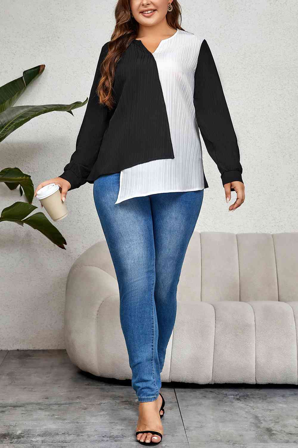 swvws Plus Size Contrast Asymmetrical Long Sleeve Top