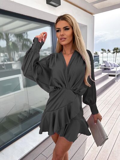 swvws Surplice Ruffle Hem Lantern Sleeve Mini Dress