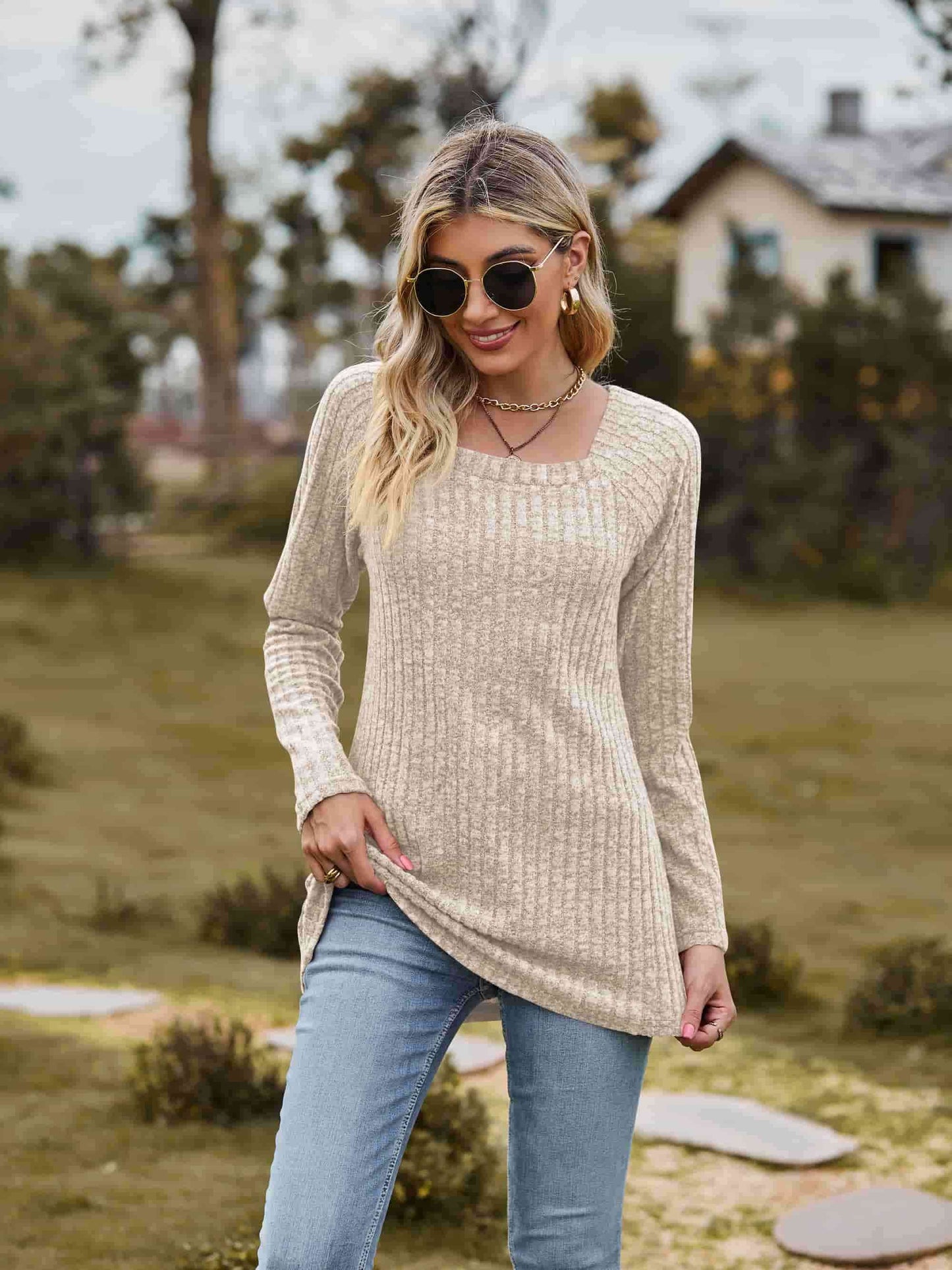 swvws Ribbed Square Neck Long Sleeve Tee