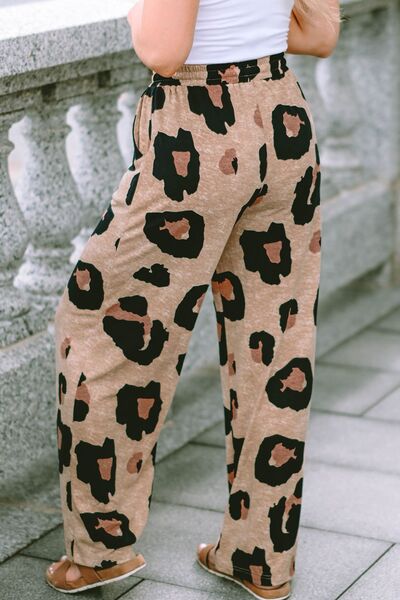 swvws Leopard Drawstring Wide Leg Pants with Pockets